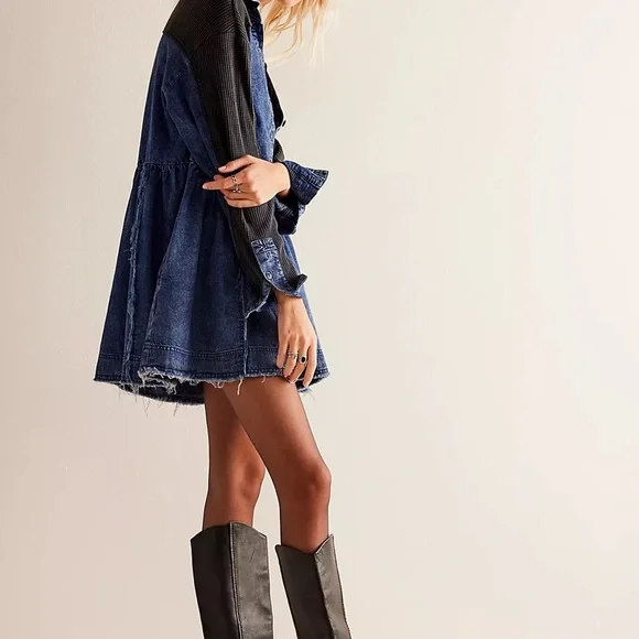Free People Denim & Thermal Long Sleeve Dress XS NWOTS - Picture 7 of 9